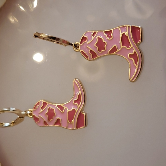 Pink Cow Print Cowgirl Boot Earrings - Picture 4 of 4